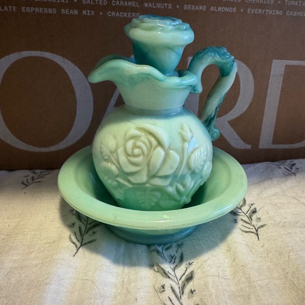 Vintage Avon Green and Cream Decorative Pitcher and Bowl Set